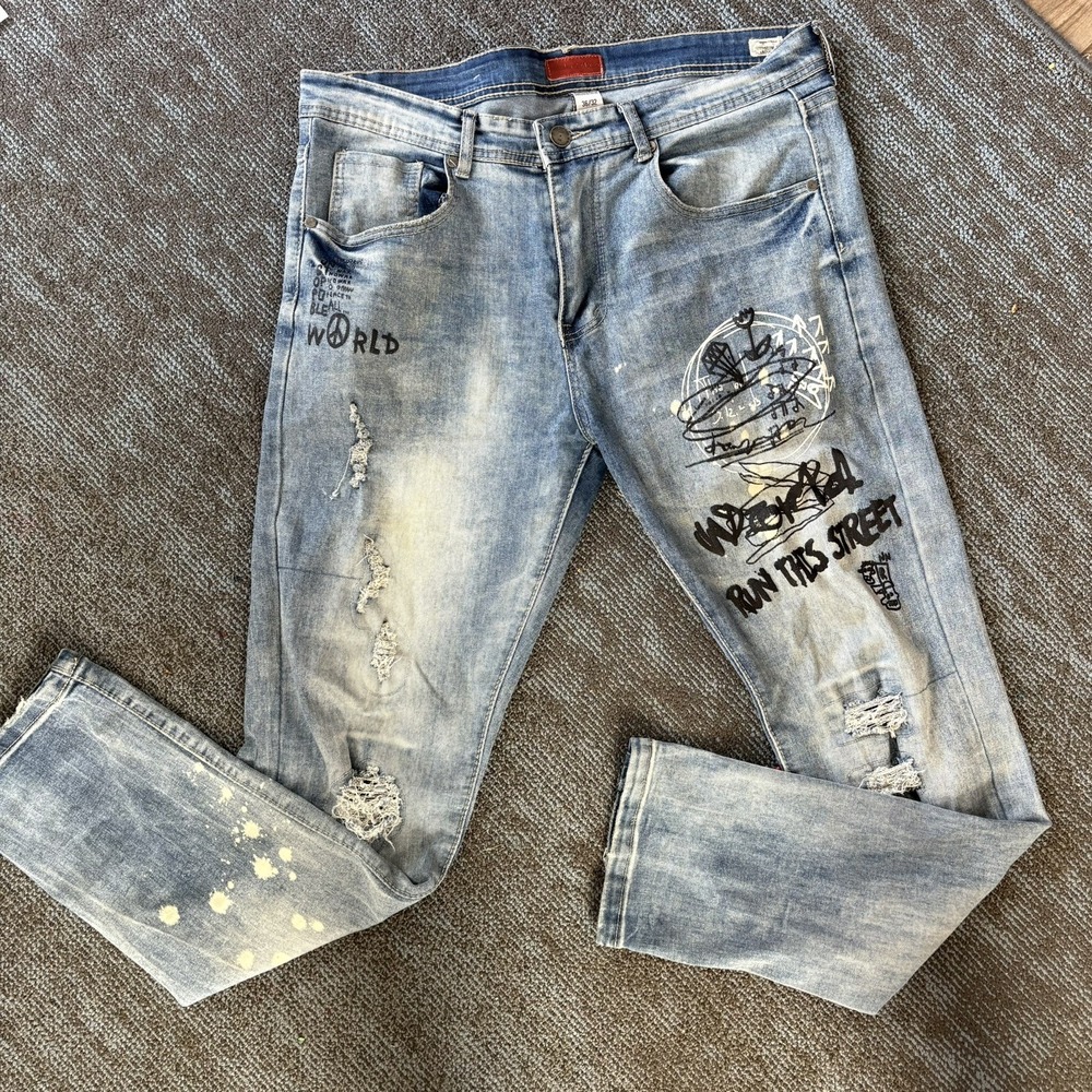 Bleecker & Mercer Mens Jeans 36x32 Skinny Fit Distressed Ripped Light Wash Blue